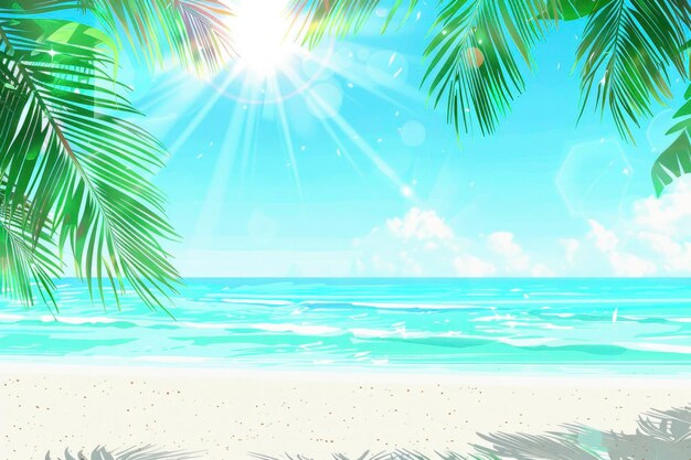 写真 beach background with light blue sea palm leaves hanging in the upper left corner and sunlight shining on it