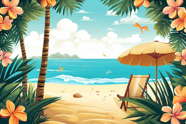 Beach background with umbrella and palm leaves