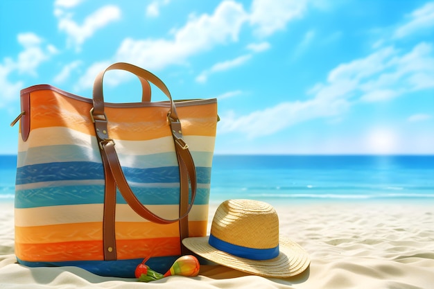 A beach bag and hat on sand