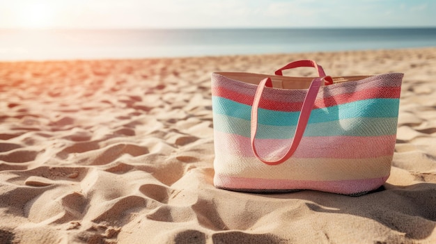 Beach bag on sand Summer vacation and travel concept with Generative AI Technology