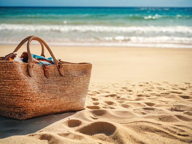 Beach bag in sand in tropical tourist resort by the ocean