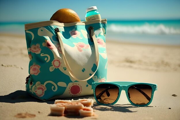 Photo beach bag and sun protection on sand generative ai