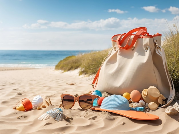 Beach Bag with Accessories on Sandy Shore