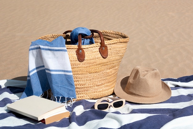 Photo beach bag with essentials still life