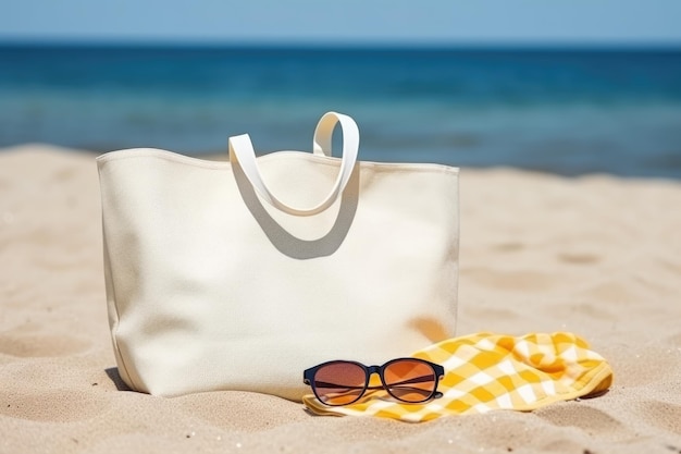 Beach bag with flip flops towel sunglasses