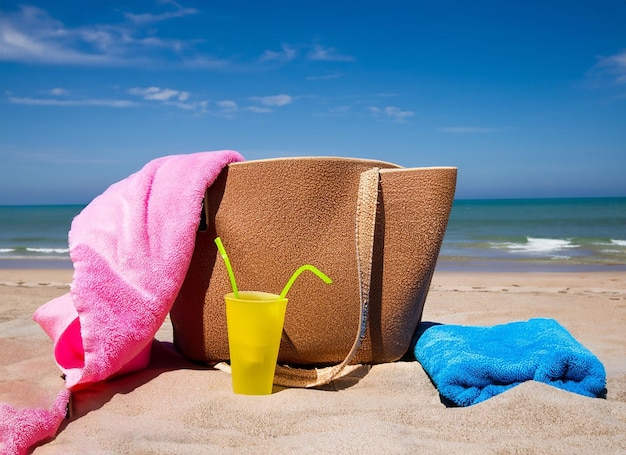 A beach bag with a straw and a straw sits on a beach.