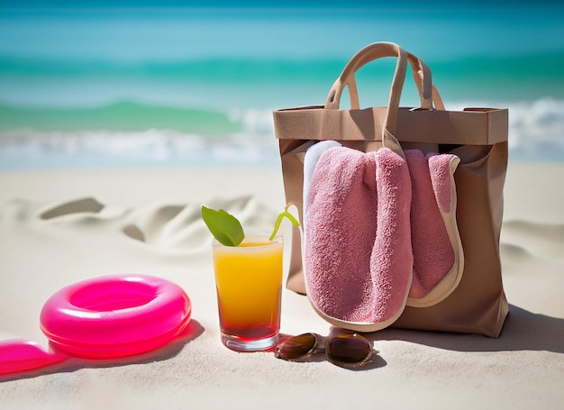 A beach bag with a towel on it and a drink on the sand.