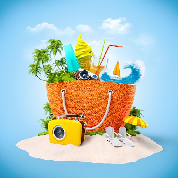 Фото Пляжная сумка с тропическим островом внутри на песке unusual travel wall