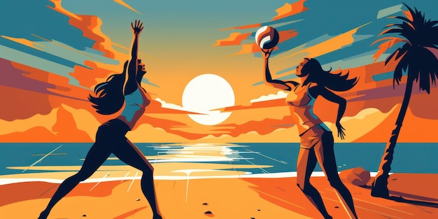 Beach ball game volleyball and sunset palm tree Two girls athletes volleyball players on the beach bright sunset color seascape