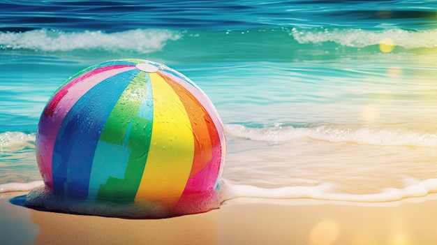 A beach ball sits on a beach with the word beach on it.