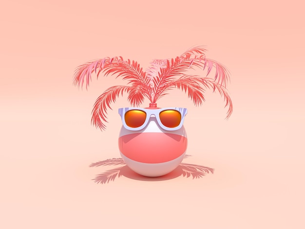 ピンクの背景にサングラスをかけたビーチボール3dレンダリング