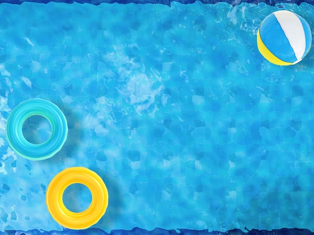 Beach balls and swim rings floating on pool top view with blank space