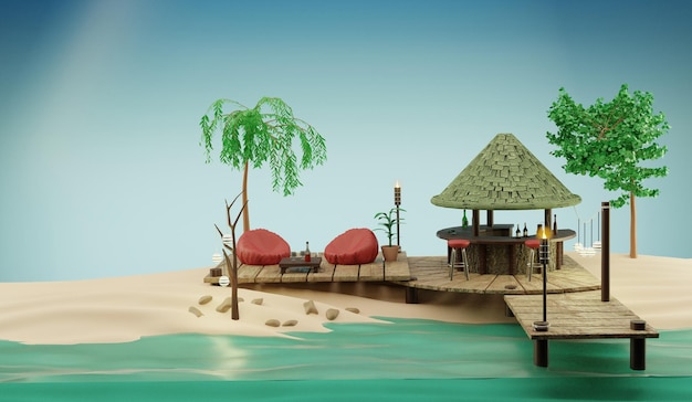 Beach Bar on a beautiful tropical island3D rendering