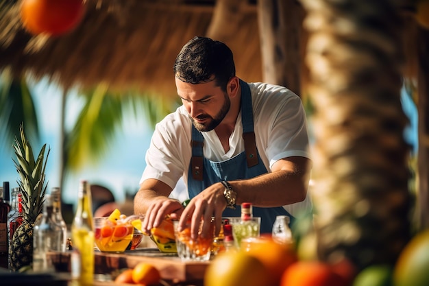 Beach Bar Mixologist Crafting Exotic Tropical Drinks