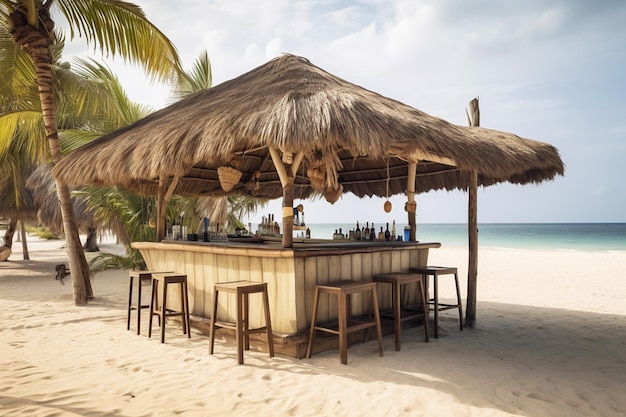 A beach bar with a thatched roof and chairs