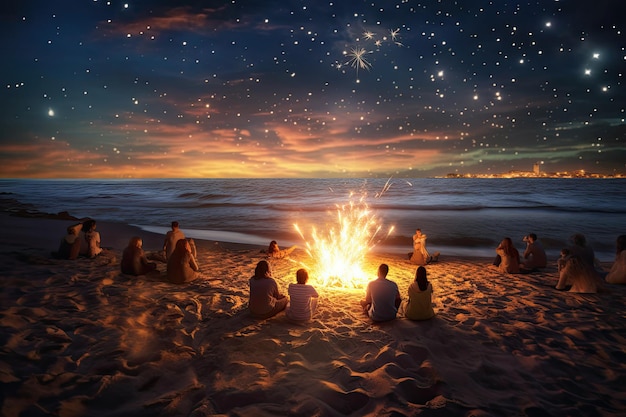 Beach bonfire photo realistic illustration generative ai