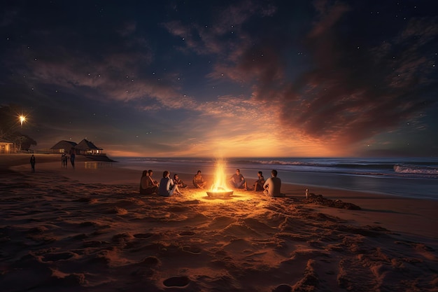 Beach bonfire photo realistic illustration generative ai