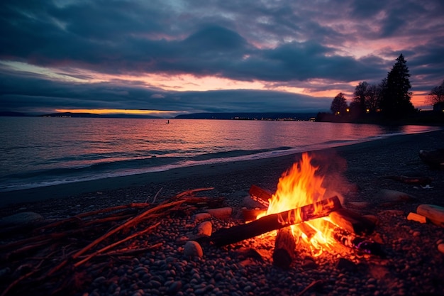 Beach bonfire under a twilight sky