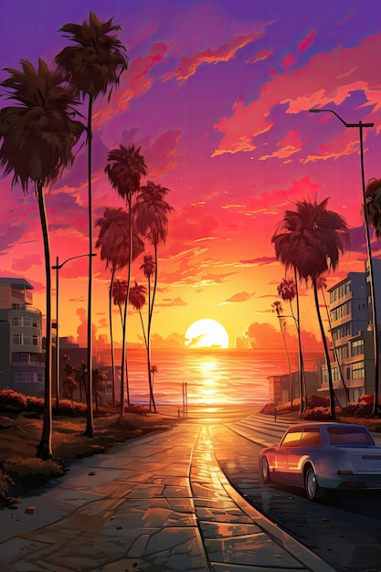 Beach boulevard on sunset colorful comic book style artwork