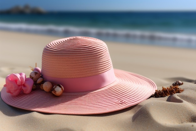 해변 경계 스타일 휴가에 딱 맞는 모래 해변의 분홍색 밀짚모자