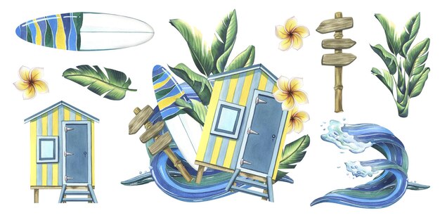 Photo the beach cabana is striped blue and yellow surfboard road sign tropical leaves frangipani flowers and sea wave watercolor illustration hand drawn set of isolated elements on white background