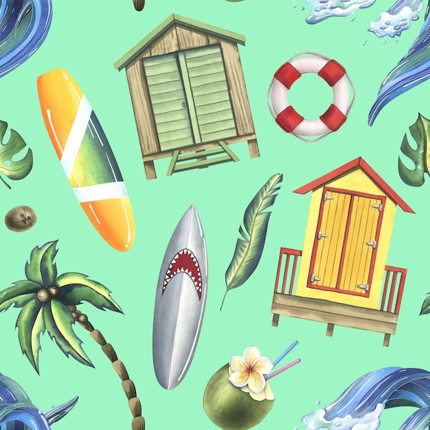 Foto cabine da spiaggia, tavole da surf, palme, fiori, noci di cocco, onde, illustrazione ad acquerello disegnata a mano, motivo senza giunture su sfondo turchese