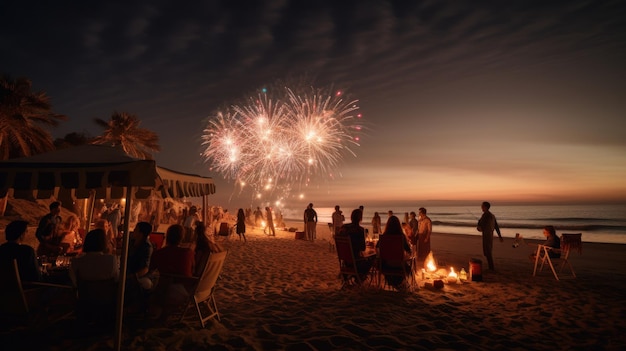 Photo a beach celebration on new years eve with fireworks and bonfires