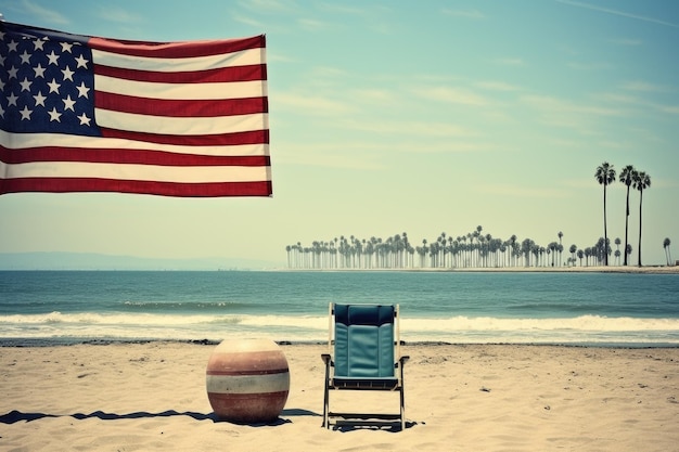 Foto una sedia da spiaggia e una bandiera americana sulla spiaggia.