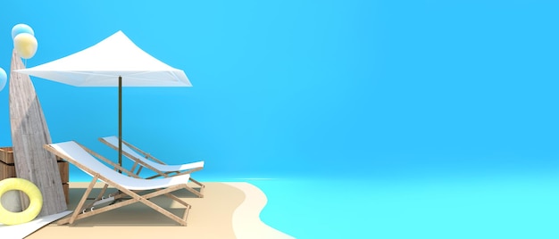 해변의 해변 의자, 해변에서의 휴가 여행, 3D 렌더링