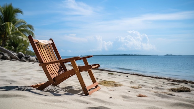 A beach chair on the beach with a blue sky and clouds in the background.