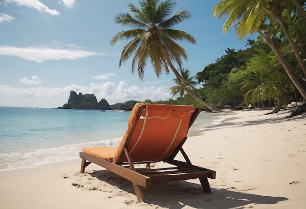 a beach chair on a beach with a palm tree in the background