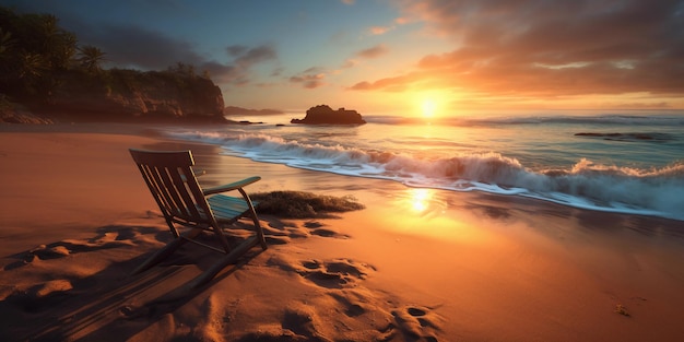 A beach chair on a beach with the sun setting behind it.