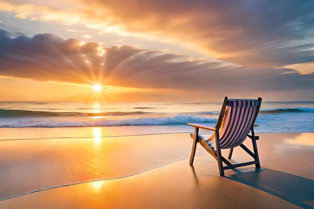 A beach chair on a beach with the sun setting behind it