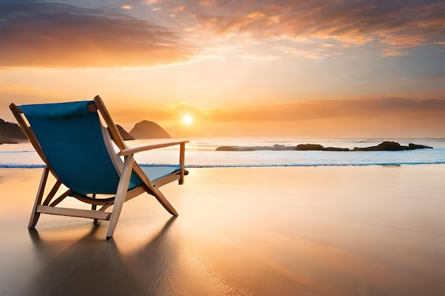 A beach chair on a beach with a sunset in the background