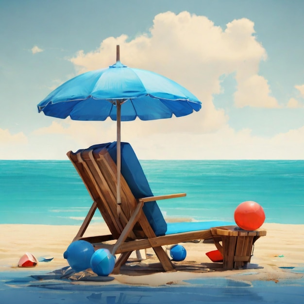 Beach Chair blue Umbrella And BallSummer Holiday Time