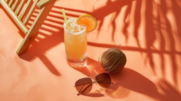 Beach chair coconut drink and sunglasses