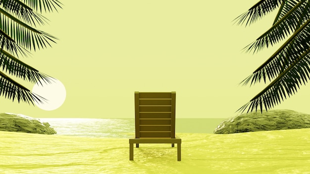 Beach chair enjoying the beach sunset yellow sky 3d render summer tropical background