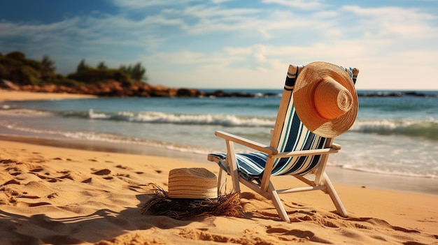 Photo a beach chair and hat duo redefining leisure on the tropics