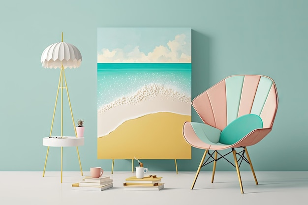 Beach chair ocean illustration with light pastel colored ai generative