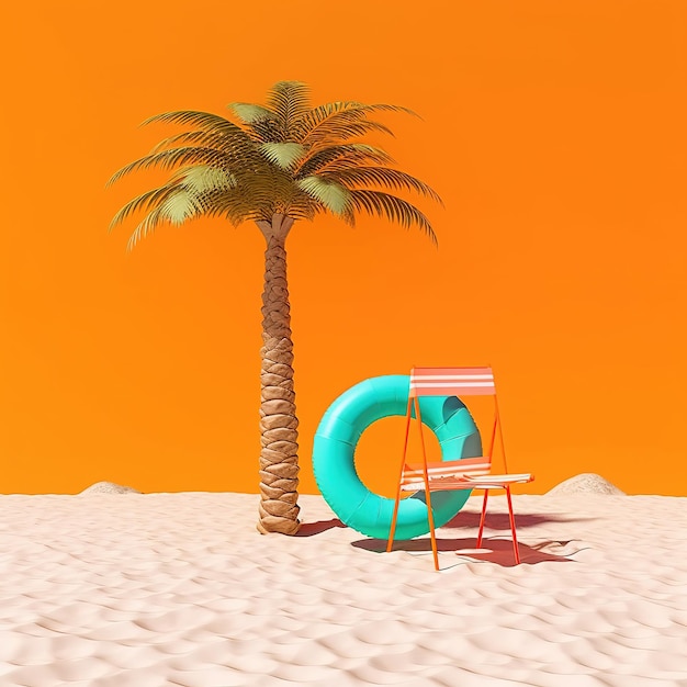 A beach chair and a palm tree on an orange background