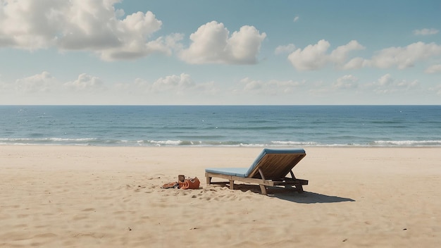 a beach chair on the sand with the ocean in the background