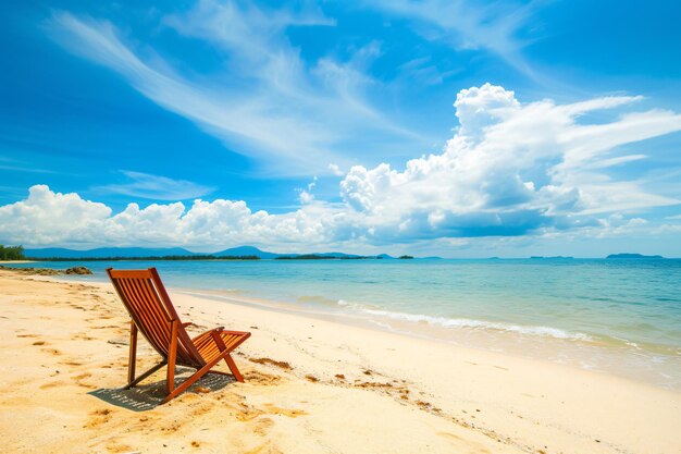 a beach chair sits in front of a beautiful tropical ocean