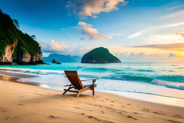 A beach chair sits on the sand in front of a mountain.