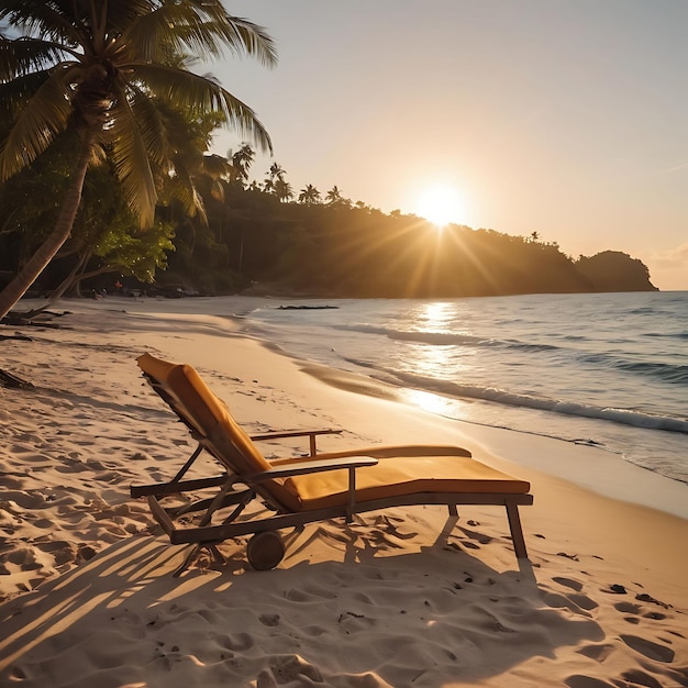 пляжный стул сидит в песке с пальмой на заднем плане