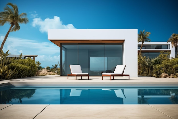 해변 의자 및 수영장 앞에 수영장 빌라 아름답고 편안한 디자인을위한 배경