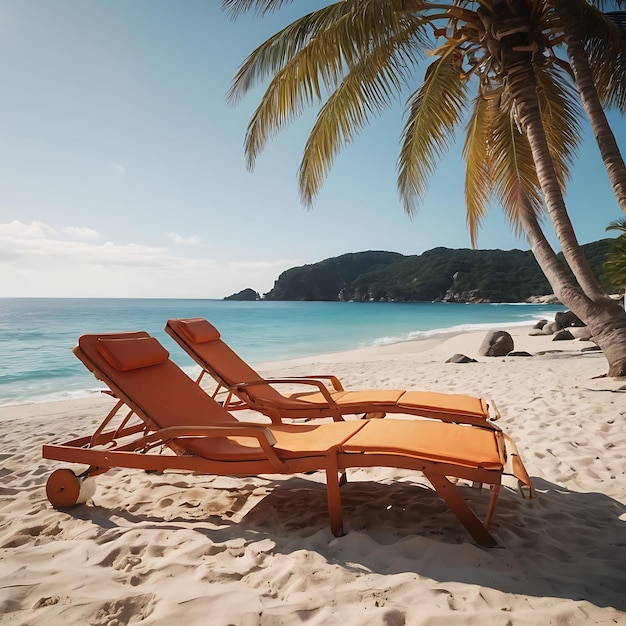 a beach chair that is outside with a palm tree in the background