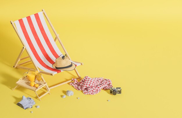 Photo beach chair and travel accessories on yellow background summer travel concept3d model and illustration