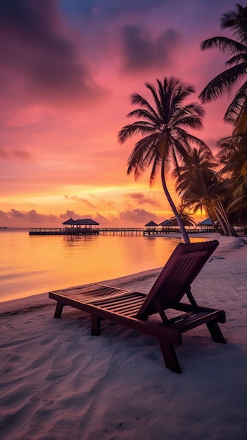 A beach chair on a tropical beach at sunset