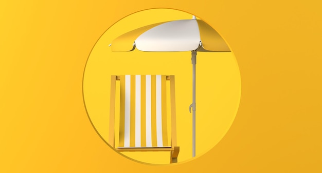 Foto sedia da spiaggia e sfondo ombrellone con cornice circolare illustrazione 3d dello spazio di copia