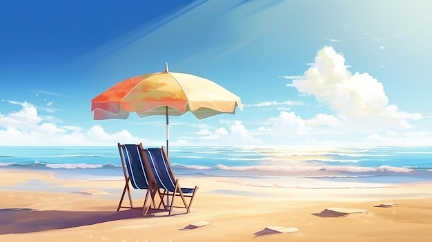 Beach chair and umbrella on beach Sunny day on a ocean shore Travel paradise concept Generative AI